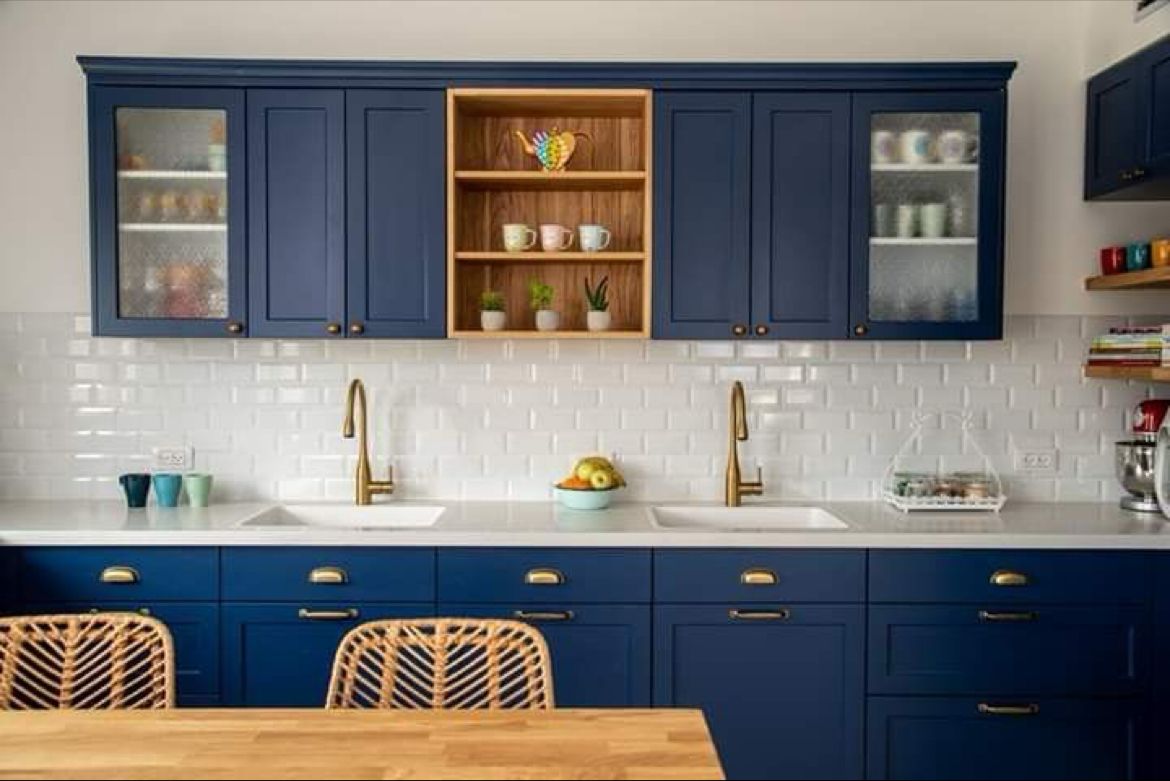 Navy blue modular kitchen showroom display