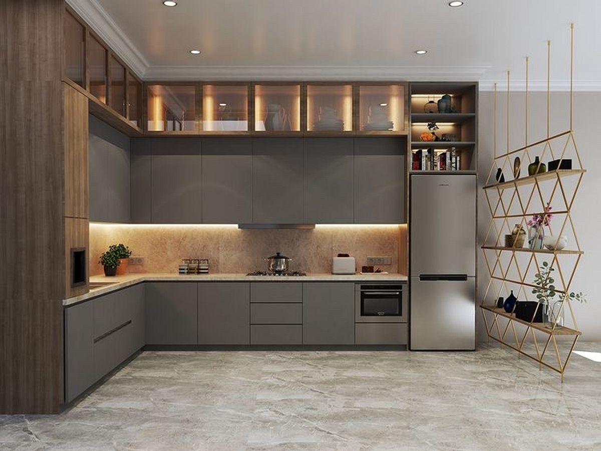 Grey modular kitchen with premium finishes